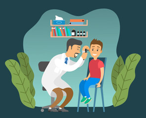 The otolaryngologist looks at the child. Doctor and kid characters on medical examination. ENT holds the boy by the head to check his ear. Otolaryngologist and little patient doing hearing test