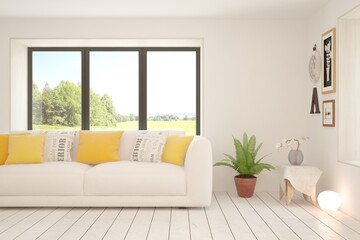 White living room with sofa and summer landscape in window. Scandinavian interior design. 3D illustration