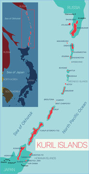 Kuril Islands detailed editable map. Vector EPS-10 file