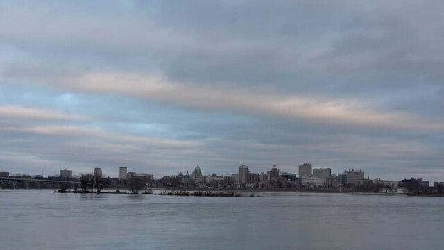 Harrisburg, Pennsylvania - January 7, 2021: A view of the Harrisburg state capital across the Susquehanna River.