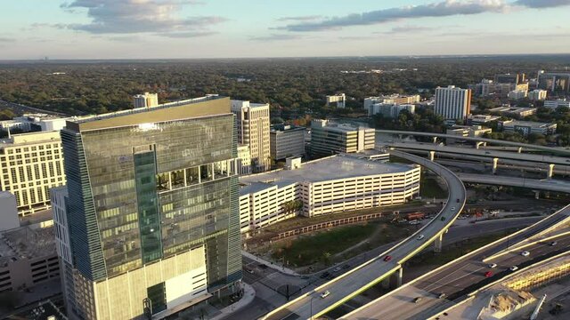 Orlando, Florida, USA - July 15, 2020 : Downtown Orlando; the historic core and central business district of Orlando, Florida. Shot during the COVID Pandemic in July, 2020.