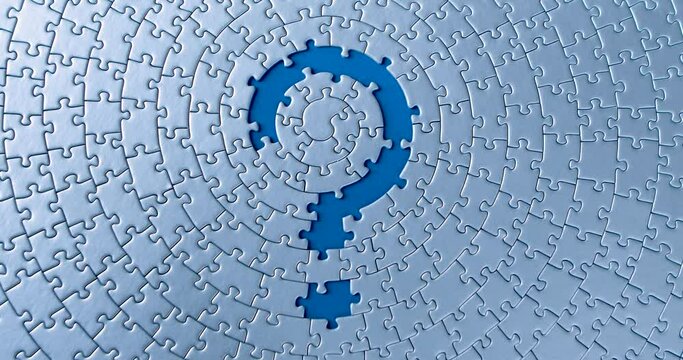 Gray circular puzzles stacked on blue background canvas. Female hand is putting down piece, destroying question mark sign. Business solution decision found. Solving problem, issue, task concept.