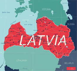 Latvia country detailed editable map with regions cities and towns, roads and railways, geographic sites. Vector EPS-10 file - obrazy, fototapety, plakaty