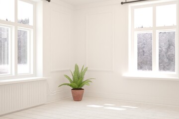 Mock up of empty room in white color with winter landscape in window. Scandinavian interior design. 3D illustration