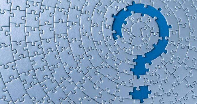 Gray circular puzzles stacked on blue background. Female hand is putting down piece, creating question mark sign. Suspense, obscurity, problem, issue, task, business solution decision search concept.