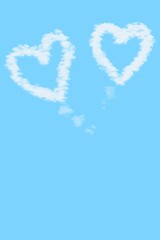 Flat Art illustration abstract background. Doodle two Cloud Love Heart idea box on blue sky background. Valentine's day concept. Vertical image. Copy space.