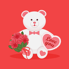 Valentine's Day Greetings. Vector image of a teddy bear with a heart and flowers. Teddy bear holds a heart with the inscription 