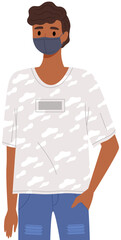 Indian man is using a medical mask. Dark haired man in t-short is posing. Young man in medical mask vector illustration isolated on white background. Self-isolation during quarantine and pandemic