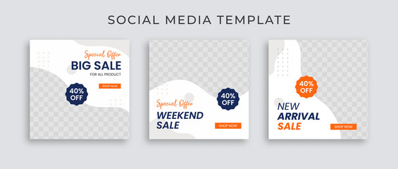 Collection of social media template post. Web banner sale for ad. Design with blue and orange color. Instagram post for promotion.