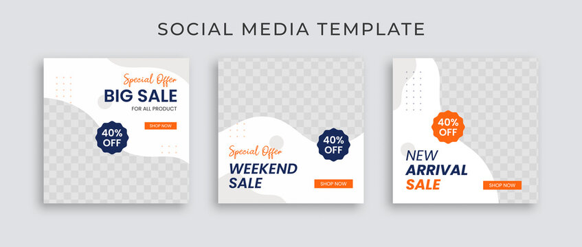 Collection Of Social Media Template Post. Web Banner Sale For Ad. Design With Blue And Orange Color. Instagram Post For Promotion.