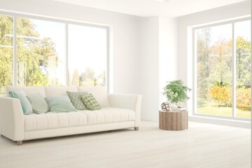 Warm stylish room in white color with sofa and autumn landscape in window. Scandinavian interior design. 3D illustration