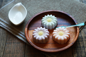 Thai coconut jelly, art Thailand dessert homemade put in wood plate and wood table 