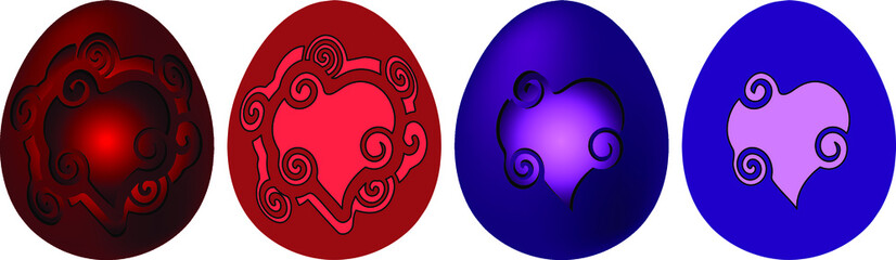 set of colorful 3D eggs with a heart pattern for Easter on a white background   