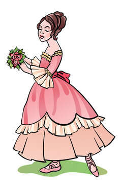 Little beautiful ballerina girl holds bouquet of roses. Vector illustrationfor custome design and print.