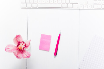 femininity place of work, pink post it, pen, flower on white office desk, copy space, top view