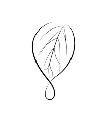 Drop on the leaf in one line. Black line vector illustration on white background