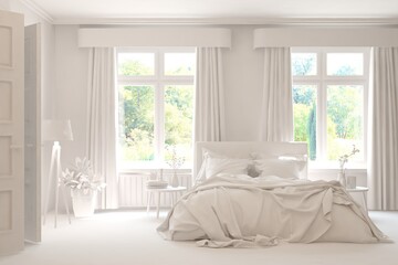 Minimalist bedroom in white color with summer landscape in window. Scandinavian interior design. 3D illustration