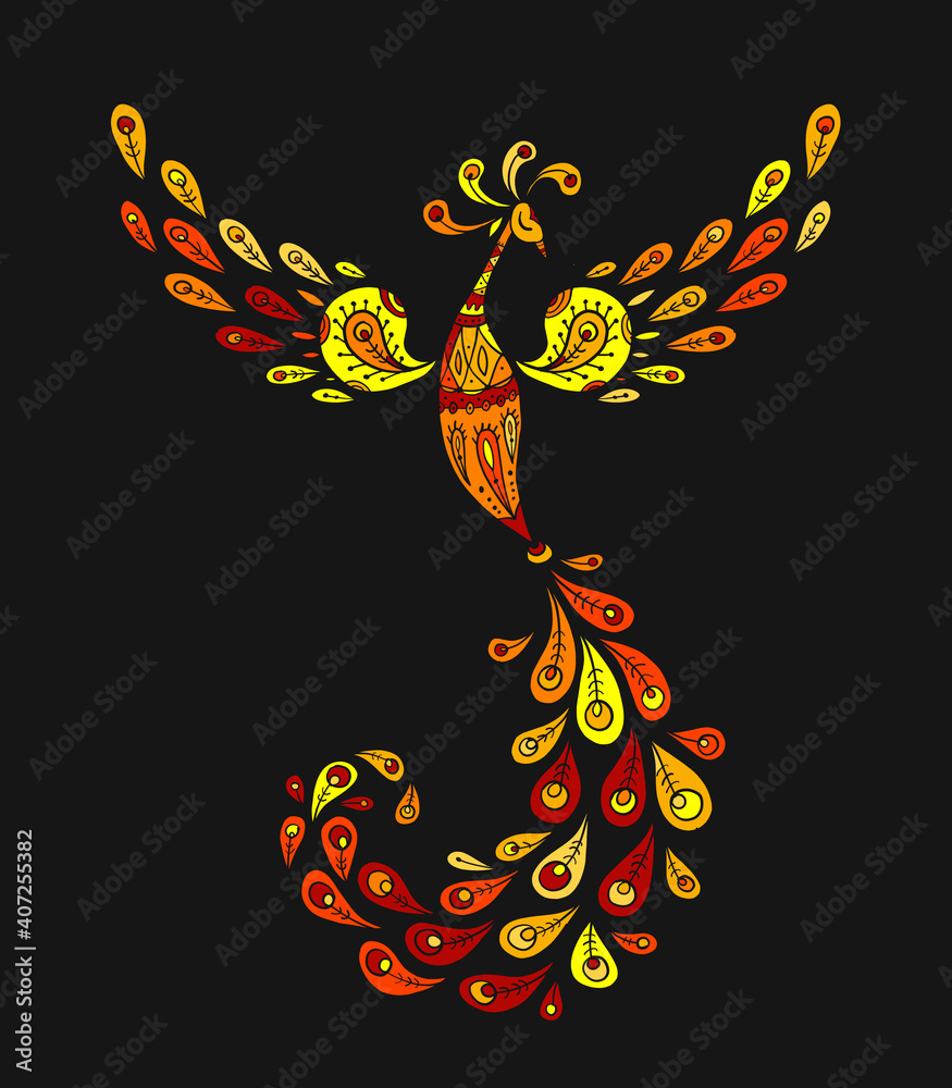 Poster firebird with a majestic tail. phoenix bird. mythical character. ornamental silhouette for your desi