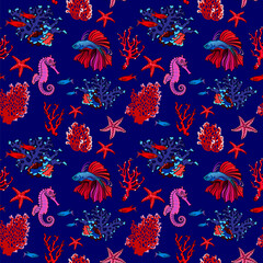 Ocean wildlife seamless pattern. Underwater fishes, sea horses and stars, corals and plants. Colorful vector seamless pattern for fabric fashion design, print, gift wrapping or wallpaper.