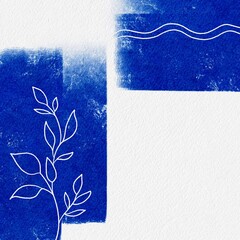 Hand Drawing Blue Oil Acrylic Watercolor Square Background with Line Art Flower