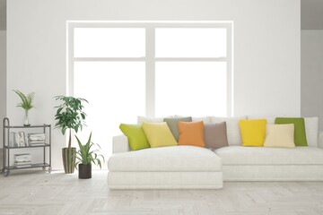 White living room with sofa. Scandinavian interior design. 3D illustration
