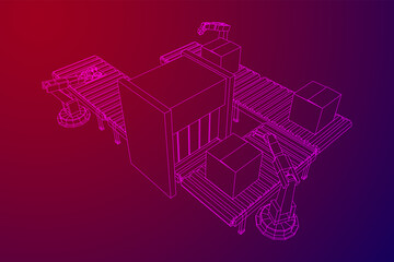 Robotic arm manufacture technology industry assembly mechanic hand. Regular roller conveyor with circuit boards and packed boxes. Wireframe low poly mesh vector illustration