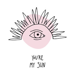Vector valentine. Hand drawn linear illustration of eye and sunray perfect for engagement, betrothal, offer of marriage, wedding invitation, card, poster