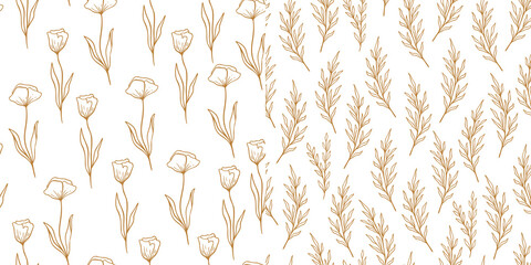 Eucalyptus and Poppy pattern set in line style. Floral olive seamless hand drawn ornament. Modern doodle repeat pattern collection with olive branch