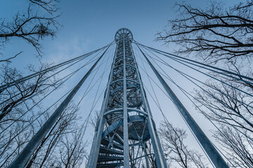 Lookout tower Brno in forest. View from viewpoint Brno Holedna. Jundrov viewpoint. Steel watchtower.