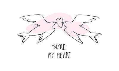 Vector valentine. Hand drawn linear illustration of birds couple with heart is perfect for engagement, betrothal, offer of marriage, wedding invitation, greeting card, interior poster