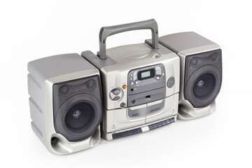 Big boom box vintage portable stereo radio, cd, cassette tape player and recorder on white. 