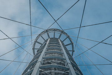 Lookout tower Brno from below. View from viewpoint Brno Holedna. Jundrov viewpoint. Steel watchtower.
