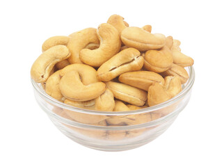 Roasted cashew nuts in glass bowl isolated on white background	