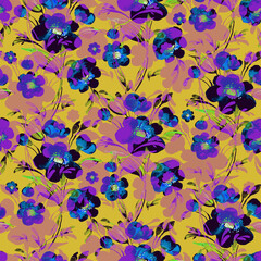 Abstract floral seamless pattern spring flowers drawn by paints on paper