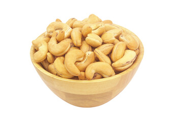 Roasted cashew nuts in wooden bowl isolated on white background	
