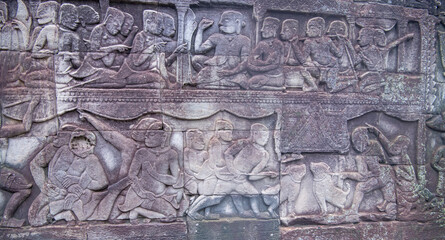  Bayon the central temple of Angkor Thom, late 12th century. Bas-relief. It rains in the rainy season. (Cambodia, 04.10. 2019)