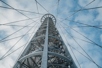 Lookout tower Brno from below. View from viewpoint Brno Holedna. Jundrov viewpoint. Steel watchtower.