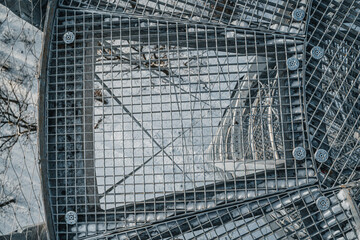Close up of Brno Holedna viewpoint stairs detail. Steel prefabricated construction stairs grate grid detail.