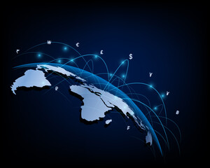 Financial business network, money transfer and currency exchange icon on the world map