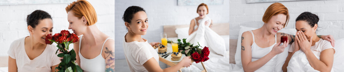 collage of interracial lesbian couple gifting presents to each other on valentines day, banner