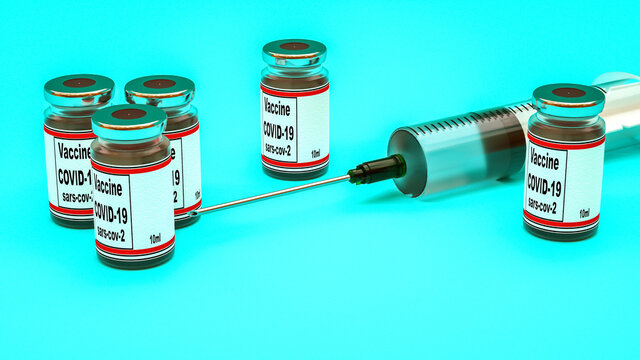 disposable plastic syringe and coronavirus vaccine jars. world pandemic concept. 3d render illustration