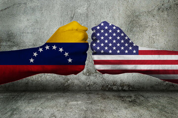 3D-Illustration of a Concept of the Conflict between the United States of America and Venezuela and France with two opposing fists in front of a wall. 3D-Rendering