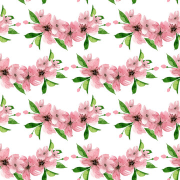 seamless pattern delicate pink cherry flowers watercolor illustration on white background. hand painted for wedding invitations, decor and design