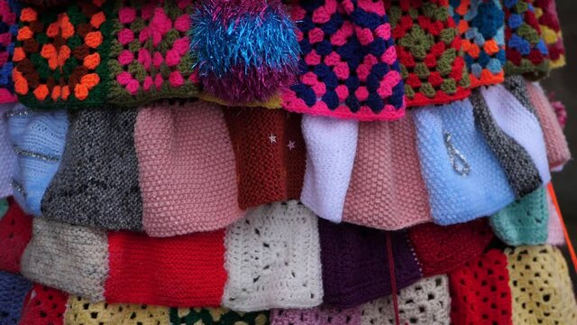 Display of knitted wool patchwork 