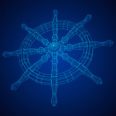 Ship steering wheel. Marine rudder. Wireframe low poly mesh vector illustration.