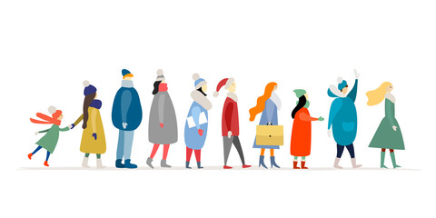 People of different ages and gender stand in line. Flat style characters. Use for illustration queue at the bank, hospital, store etc. Winter season
