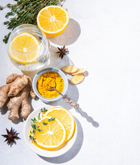 Immune boosting remedy. Flat lay  with ingredients from turmeric, thyme, lemon, star anise and...