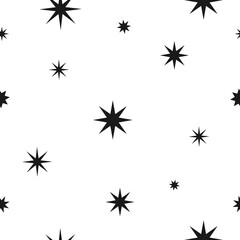 Seamless cute pattern with black stars or sparkles and snow on white background.