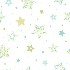 Seamless cute pattern with green and blue stars made of dots and circles on white background.