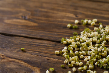 Mung beans with sprouted sprouts are scattered on a ark wooden background